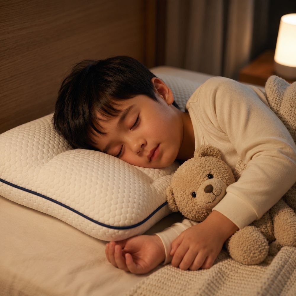 Bambino che dorme sereno con il suo orsacchiotto sul cuscino per bambini LulaBini