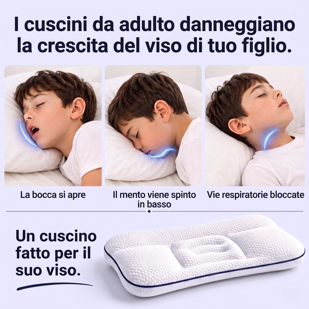 I cuscini per adulti danneggiano la crescita del viso: la bocca si apre, il mento è schiacciato, le vie respiratorie sono ostruite